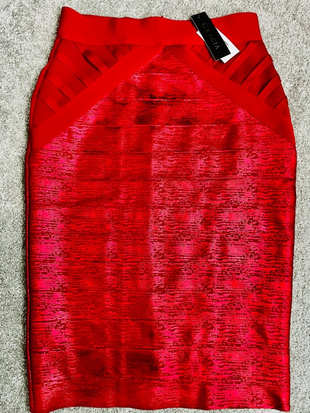 GRACIA Red Shimmer Bandage Pencil Skirt Sz L NWT Elegant Classic Textured #A - Picture 5 of 12